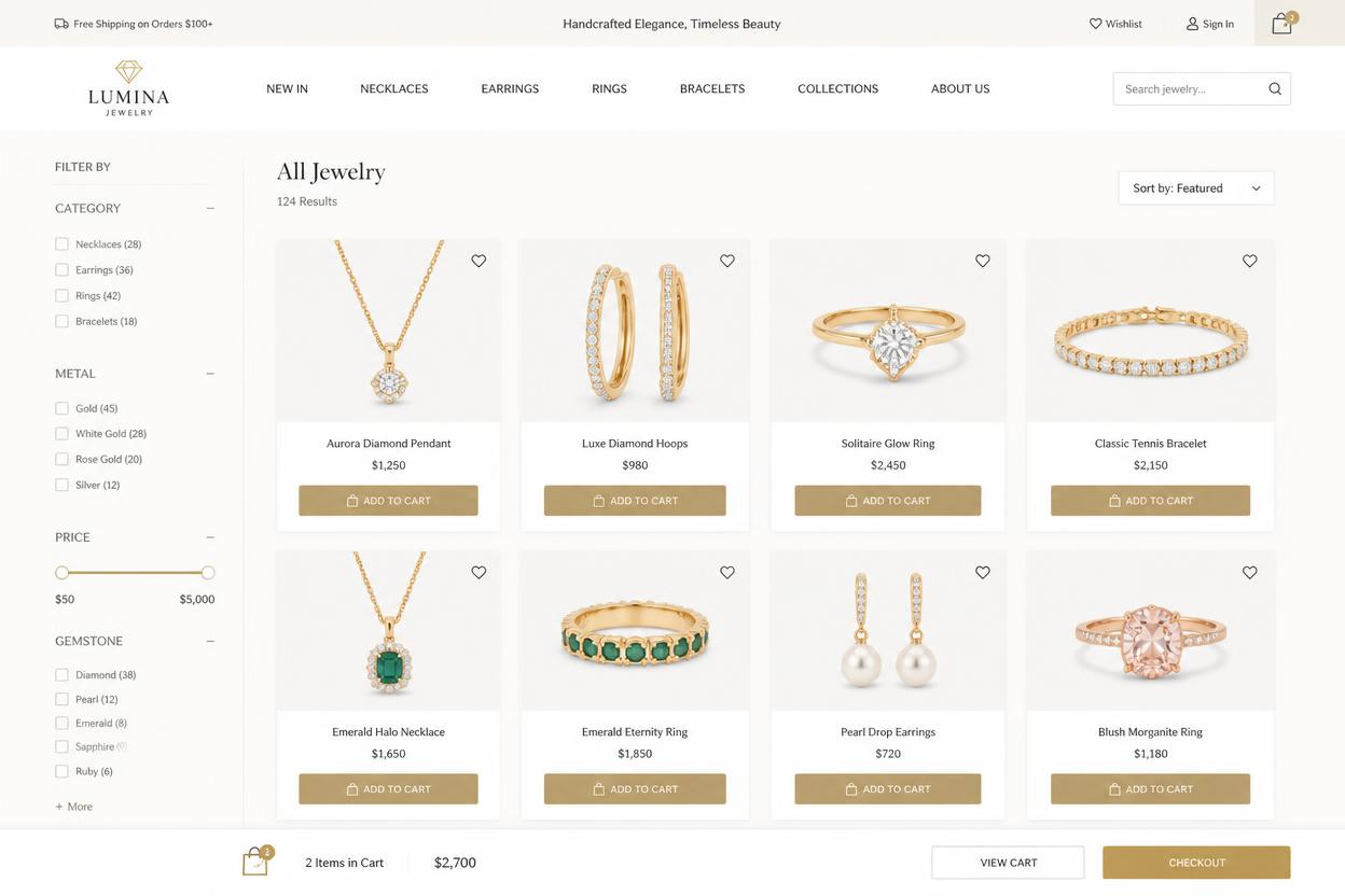 Lumina Jewelry — Shopify store we designed and built