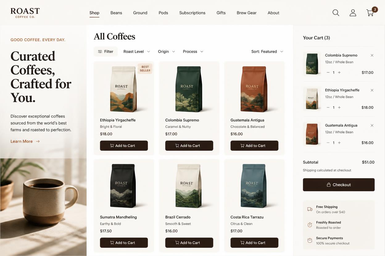 Roast Coffee Co. — Shopify store we designed and built
